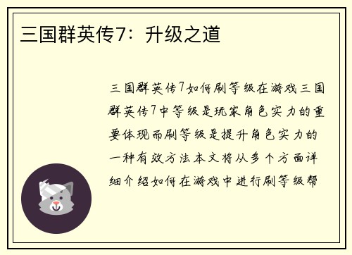 三国群英传7：升级之道