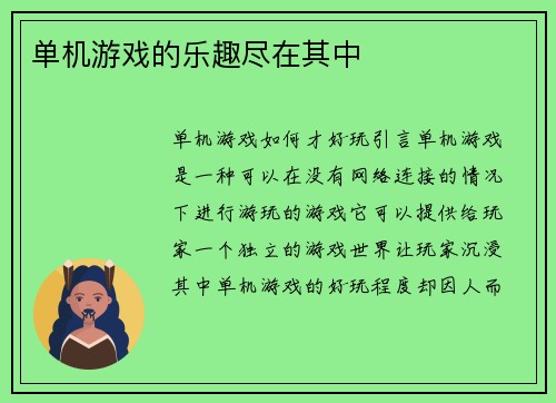单机游戏的乐趣尽在其中