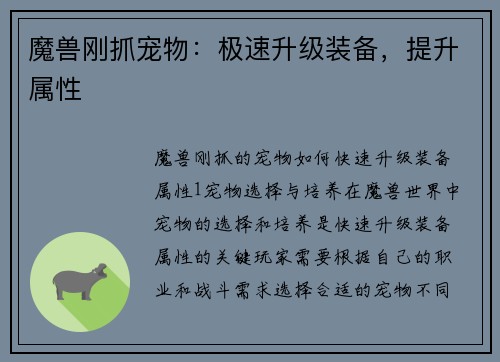 魔兽刚抓宠物：极速升级装备，提升属性