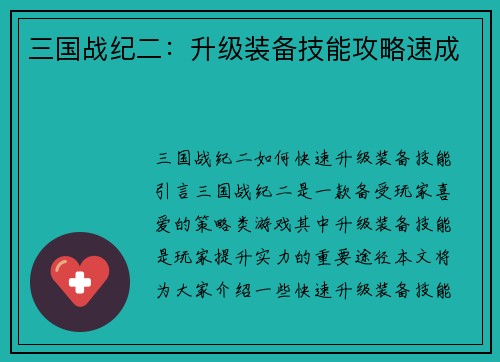 三国战纪二：升级装备技能攻略速成